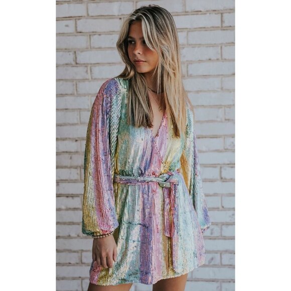 Show Me Your Mumu Wear Me Out Dress in Rainbow Stripe Womens Sequin Mini - Picture 15 of 17